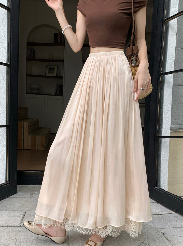 Women's Pleated Mesh Maxi Skirt With Eyelash Lace Trim