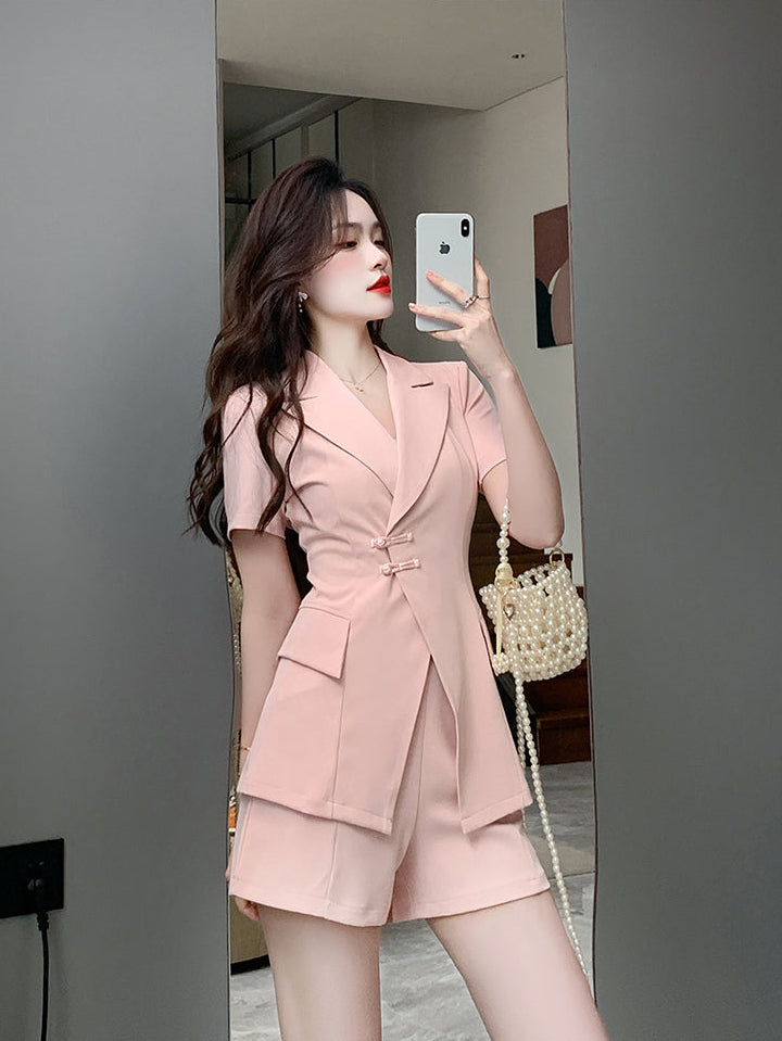 Sakura Pink Chinese-Fusion Tailored Shorts Set