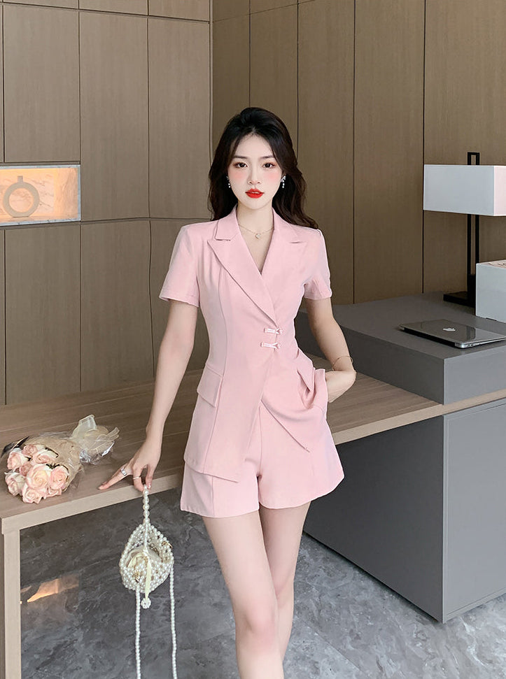 Sakura Pink Chinese-Fusion Tailored Shorts Set