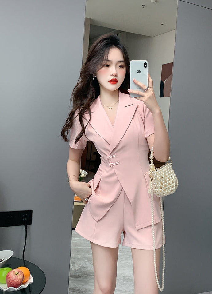 Sakura Pink Chinese-Fusion Tailored Shorts Set