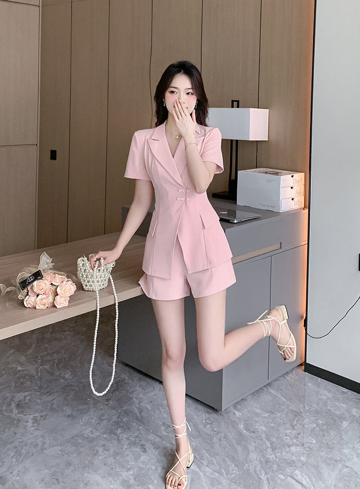 Sakura Pink Chinese-Fusion Tailored Shorts Set