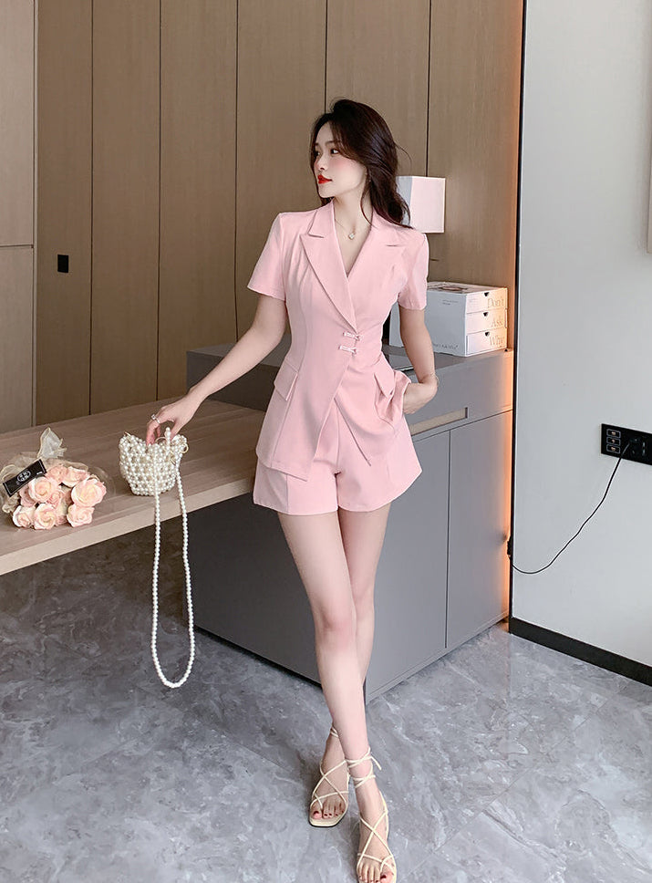 Sakura Pink Chinese-Fusion Tailored Shorts Set