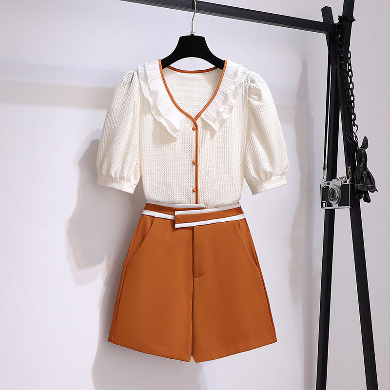 French Chic Ruffled Puff Sleeve Two-Piece Shorts Set