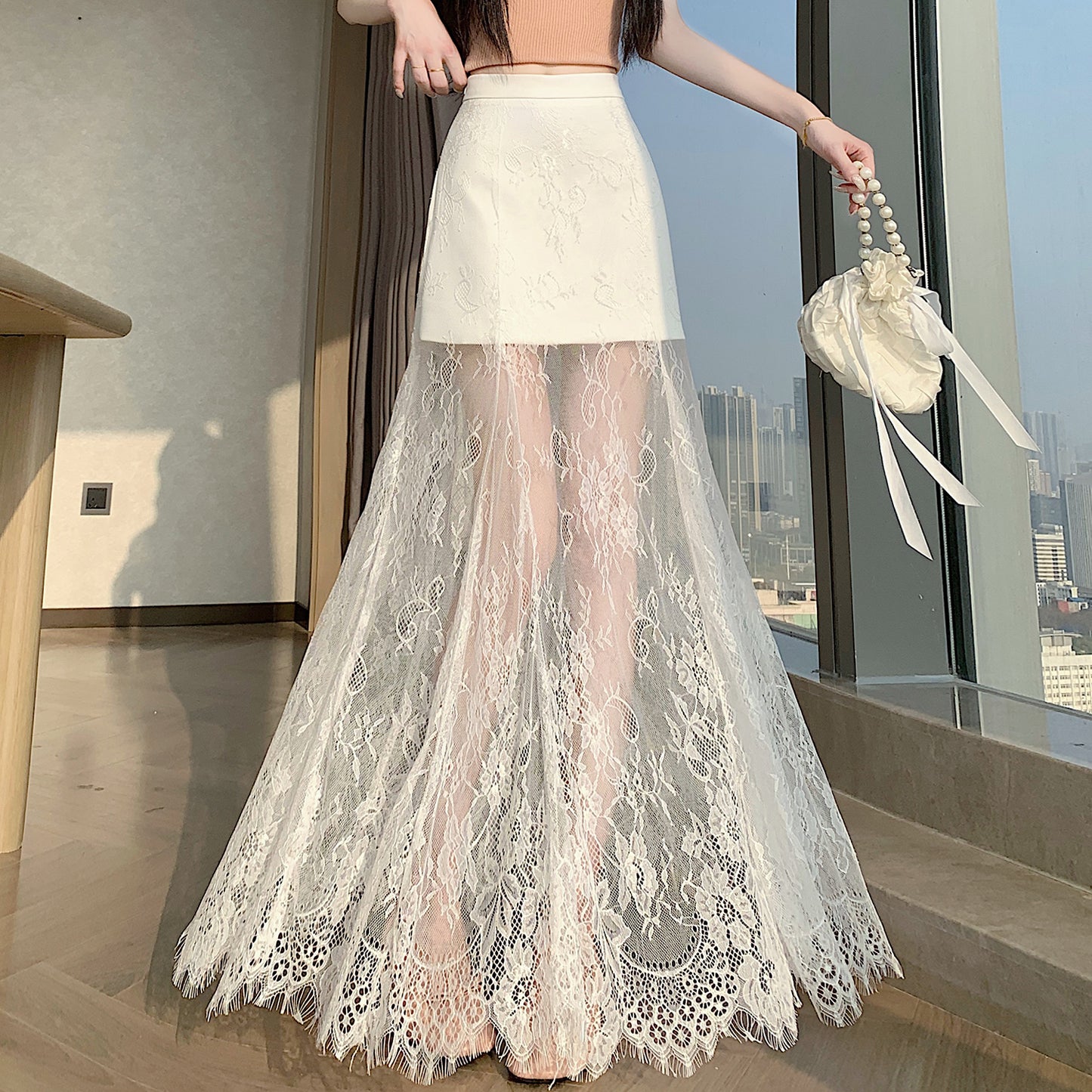 Sheer Floral Lace Maxi Skirt with Mini Lining | High-Waisted Overlay Skirt