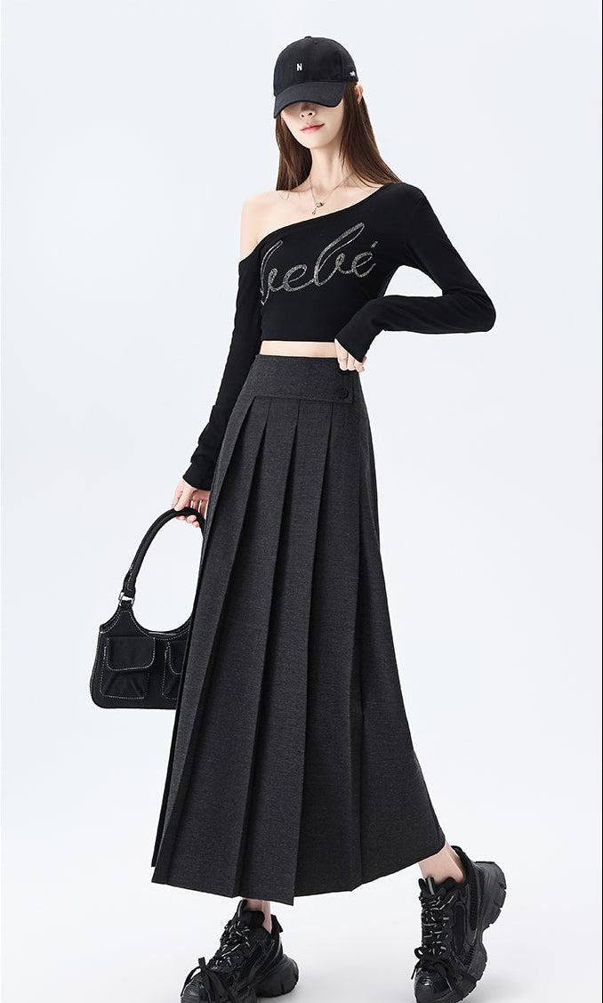 Asymmetric Waist High-Rise Pleated Midi Skirt