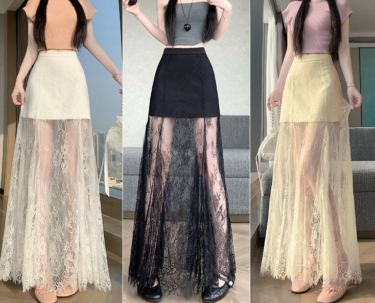 Sheer Floral Lace Maxi Skirt with Mini Lining | High-Waisted Overlay Skirt