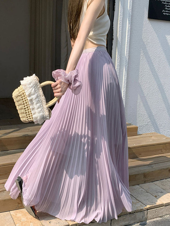 Summer Pastel Chiffon Pleated Maxi Skirt