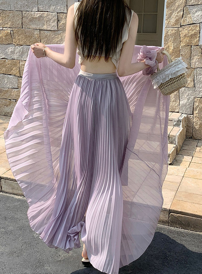 Summer Pastel Chiffon Pleated Maxi Skirt