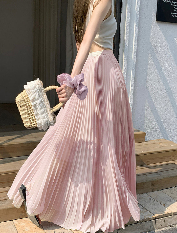 Summer Pastel Chiffon Pleated Maxi Skirt