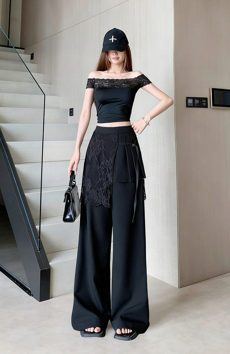 Lace -Overlay High-Waisted Wide Leg Trousers