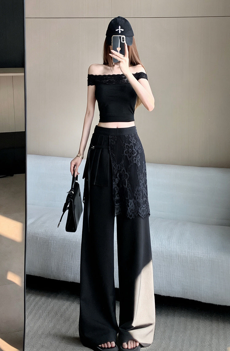 Lace -Overlay High-Waisted Wide Leg Trousers