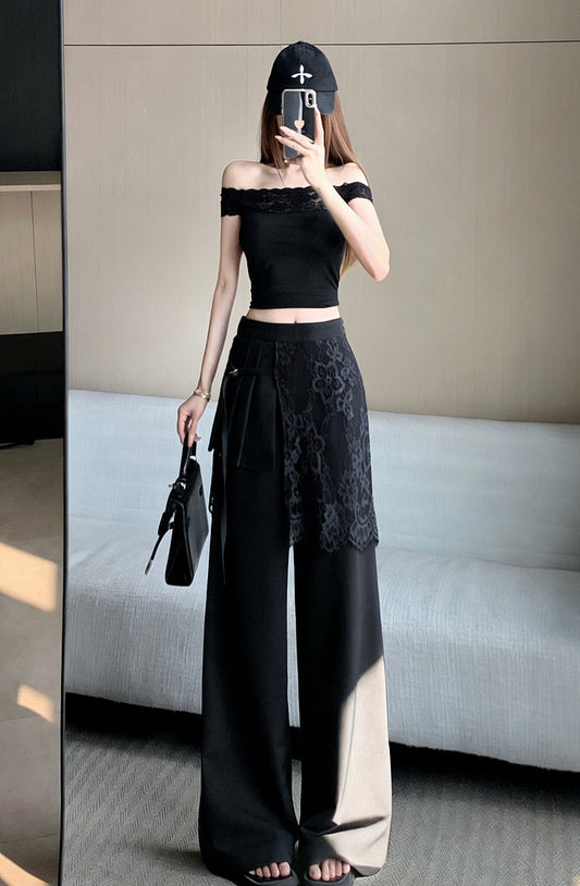 Lace -Overlay High-Waisted Wide Leg Trousers