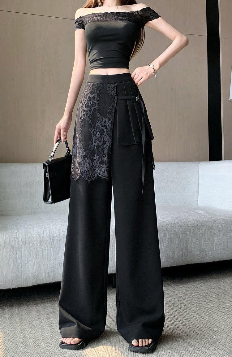 Lace -Overlay High-Waisted Wide Leg Trousers