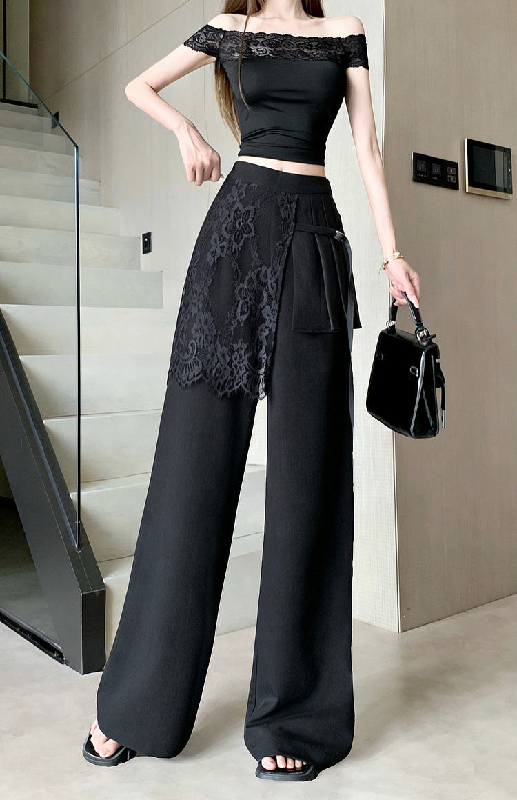 Lace -Overlay High-Waisted Wide Leg Trousers