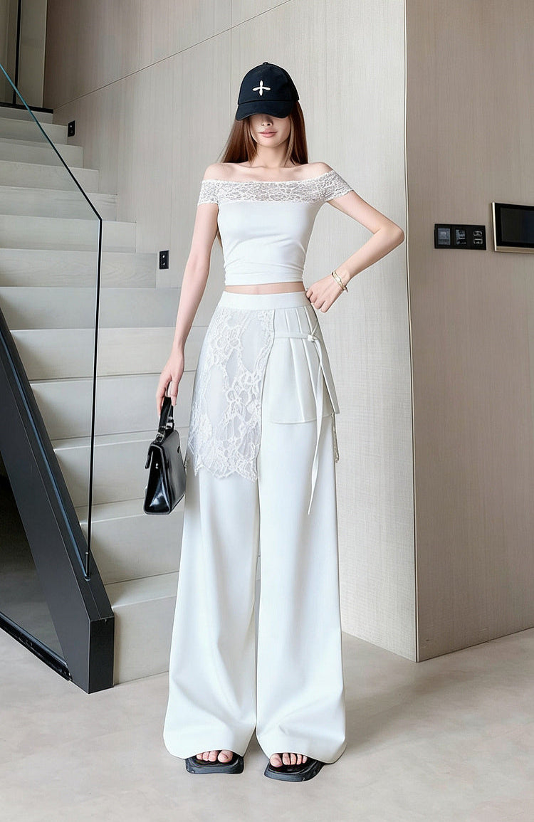 Lace -Overlay High-Waisted Wide Leg Trousers