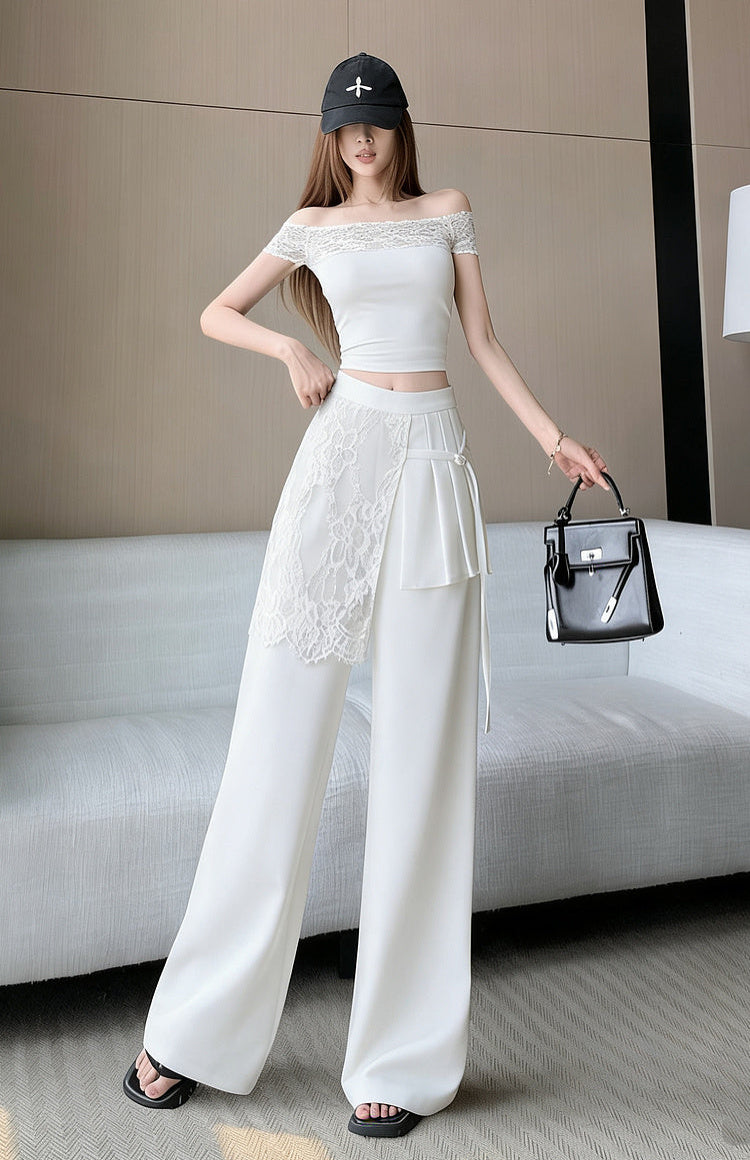 Lace -Overlay High-Waisted Wide Leg Trousers