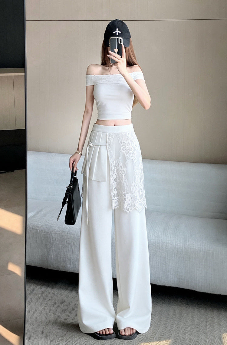 Lace -Overlay High-Waisted Wide Leg Trousers