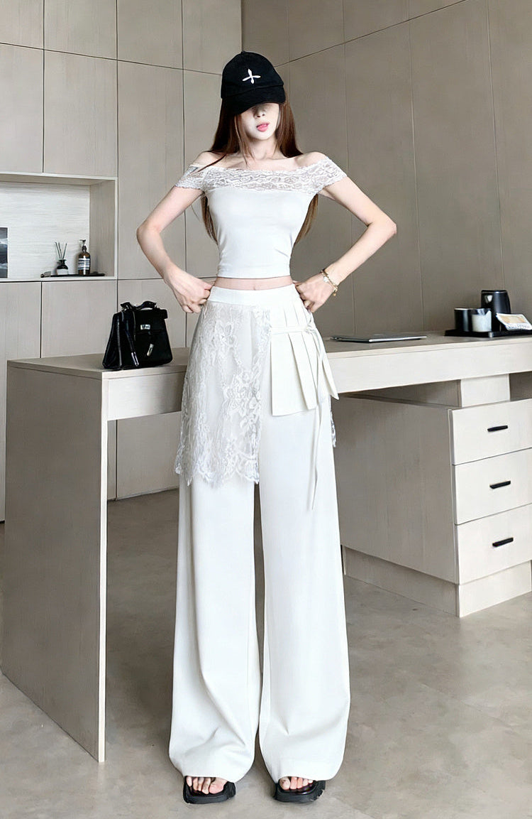 Lace -Overlay High-Waisted Wide Leg Trousers