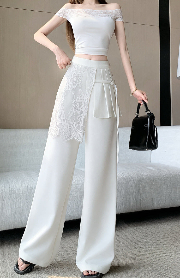 Lace -Overlay High-Waisted Wide Leg Trousers