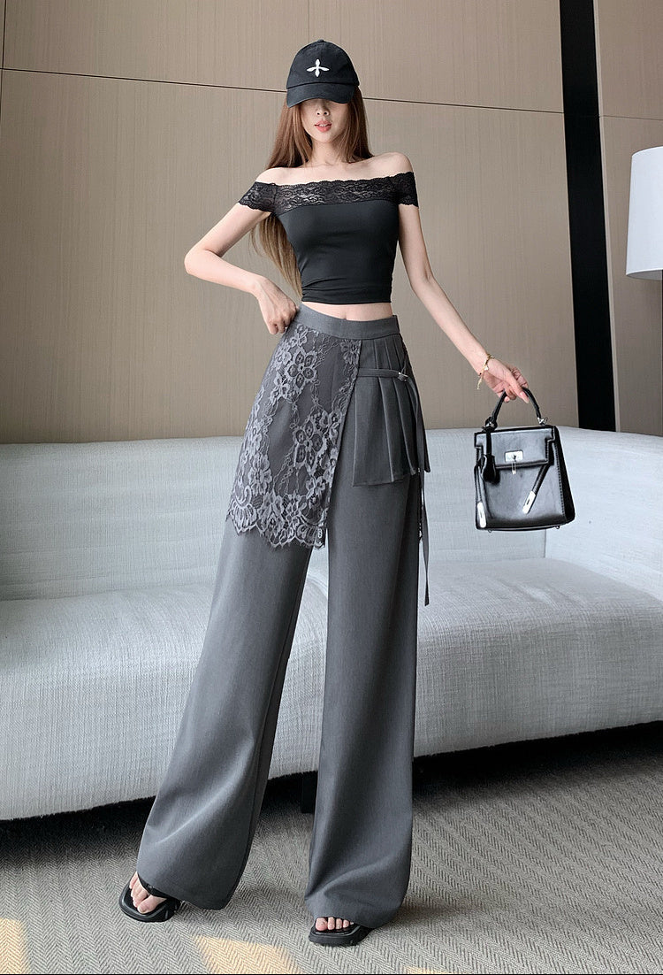 Lace -Overlay High-Waisted Wide Leg Trousers