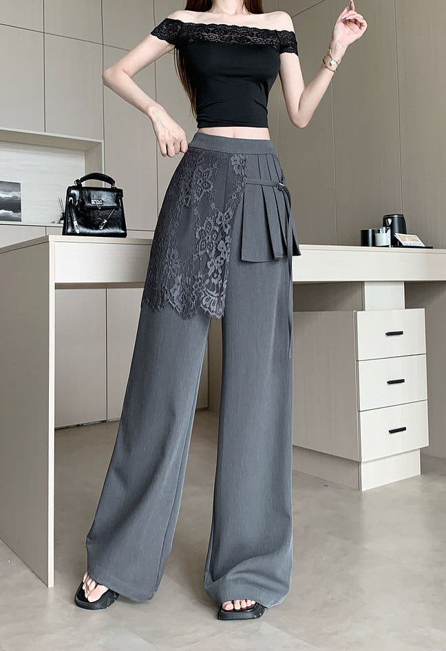 Lace -Overlay High-Waisted Wide Leg Trousers