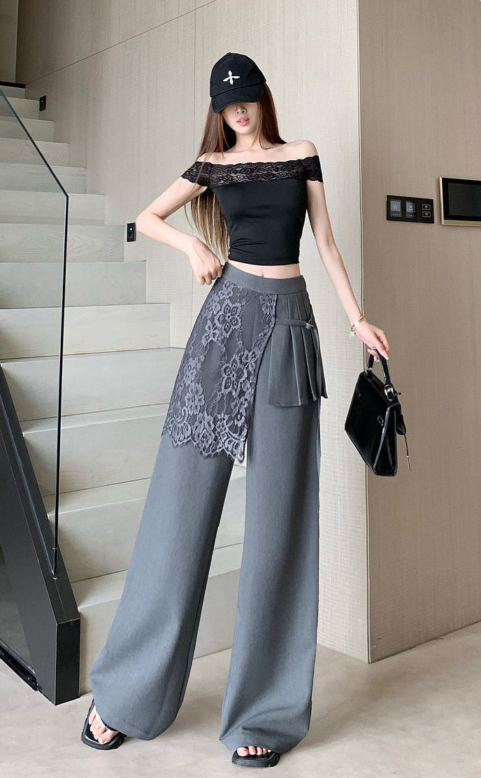 Lace -Overlay High-Waisted Wide Leg Trousers
