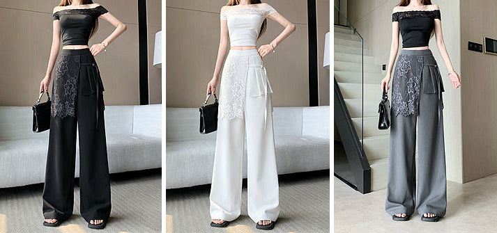 Lace -Overlay High-Waisted Wide Leg Trousers