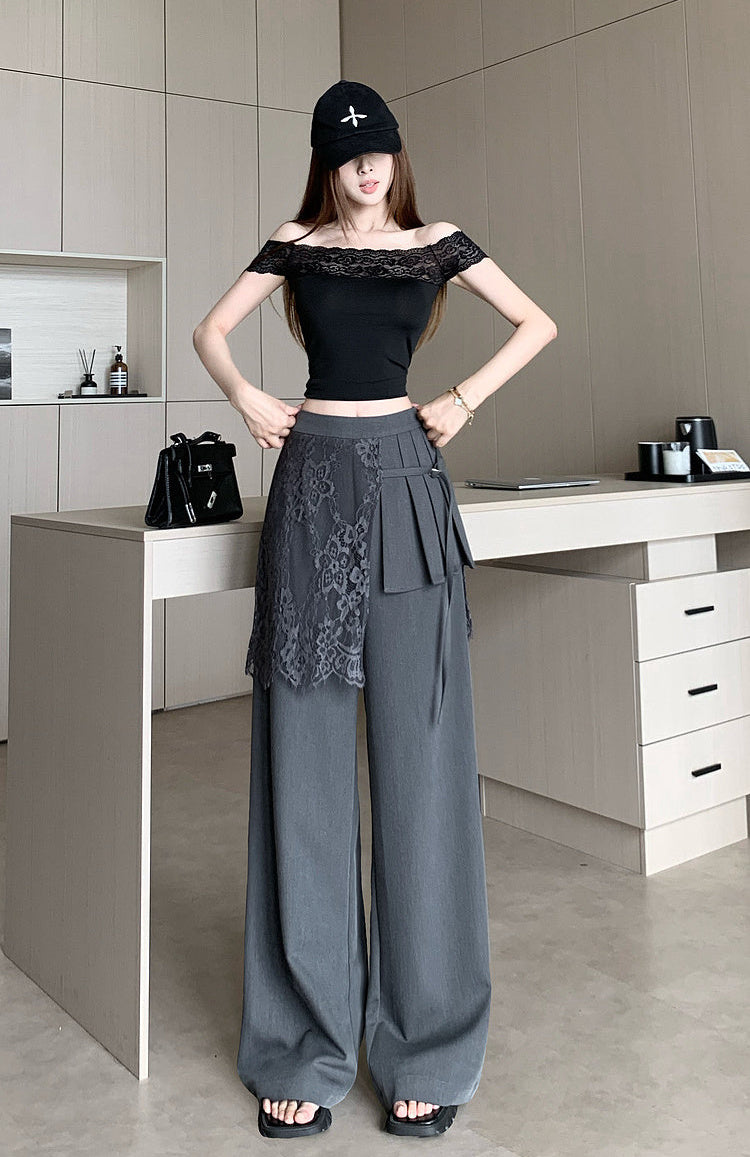 Lace -Overlay High-Waisted Wide Leg Trousers