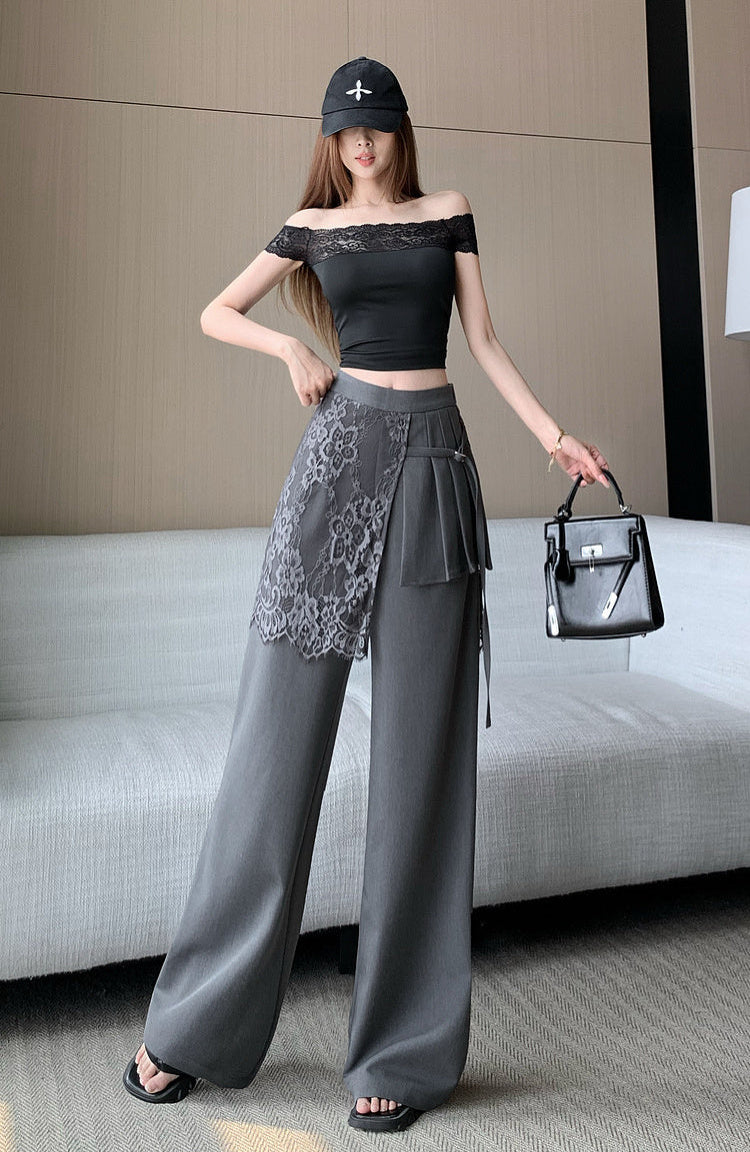 Lace -Overlay High-Waisted Wide Leg Trousers