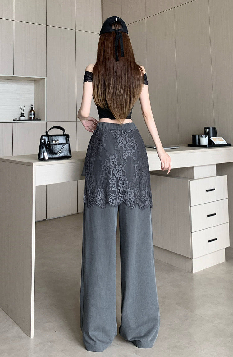 Lace -Overlay High-Waisted Wide Leg Trousers