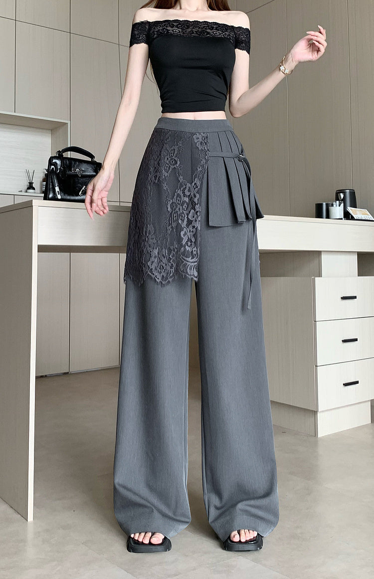 Lace -Overlay High-Waisted Wide Leg Trousers