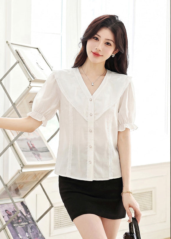 White V-Neck Collar Blouse With Puff Sleeves