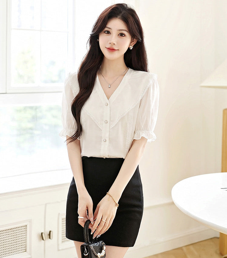 White V-Neck Collar Blouse With Puff Sleeves