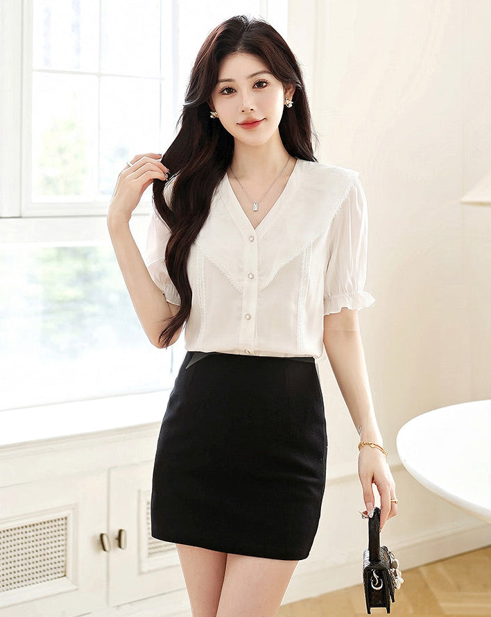 White V-Neck Collar Blouse With Puff Sleeves