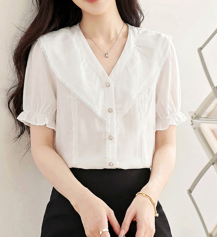 White V-Neck Collar Blouse With Puff Sleeves