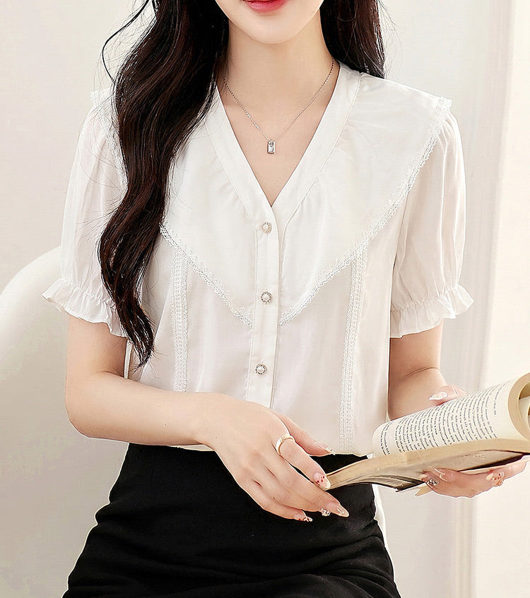 White V-Neck Collar Blouse With Puff Sleeves