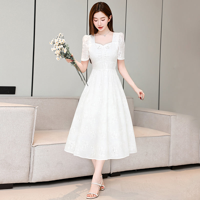 White Whisper Embroidered Lace Puff Sleeve Dress (Mini & Midi)