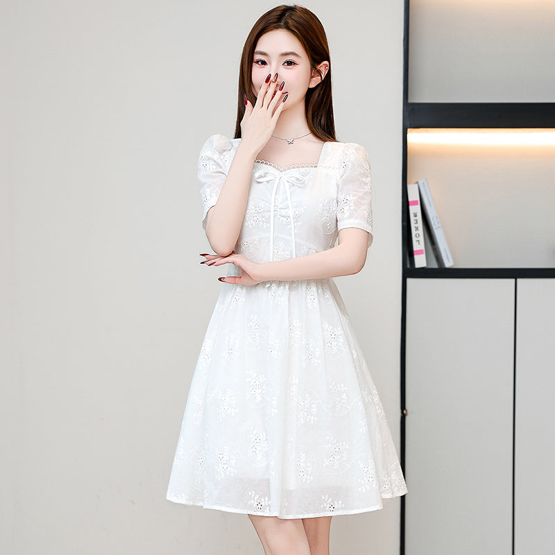 White Whisper Embroidered Lace Puff Sleeve Dress (Mini & Midi)