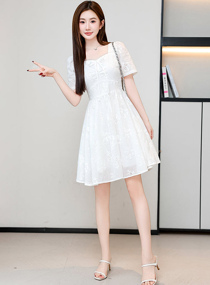 White Whisper Embroidered Lace Puff Sleeve Dress (Mini & Midi)