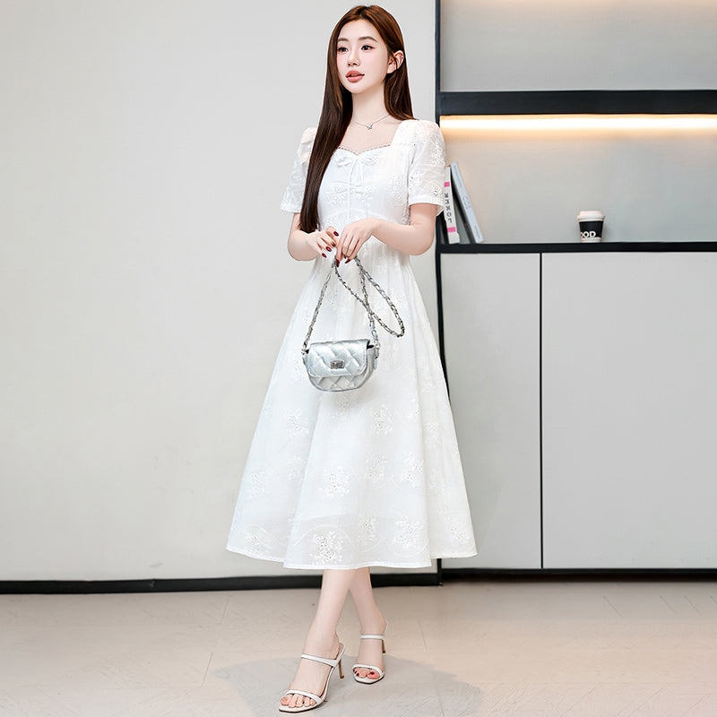 White Whisper Embroidered Lace Puff Sleeve Dress (Mini & Midi)