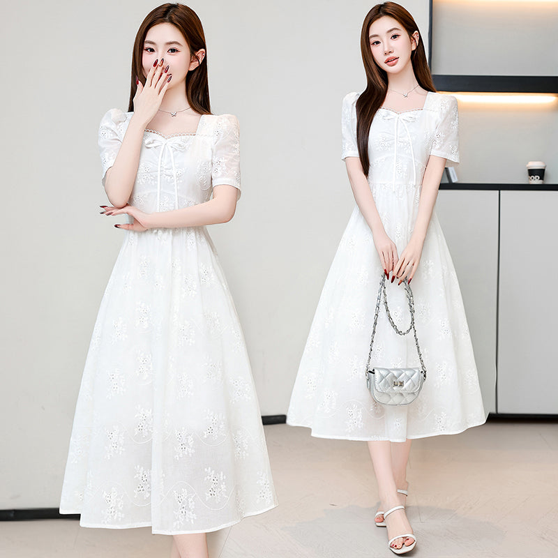 White Whisper Embroidered Lace Puff Sleeve Dress (Mini & Midi)
