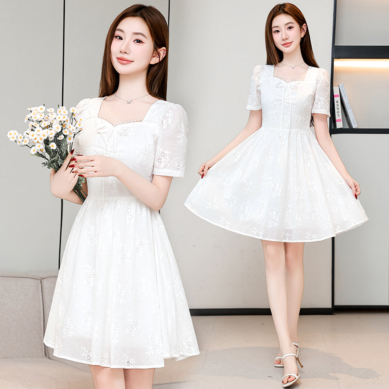 White Whisper Embroidered Lace Puff Sleeve Dress (Mini & Midi)