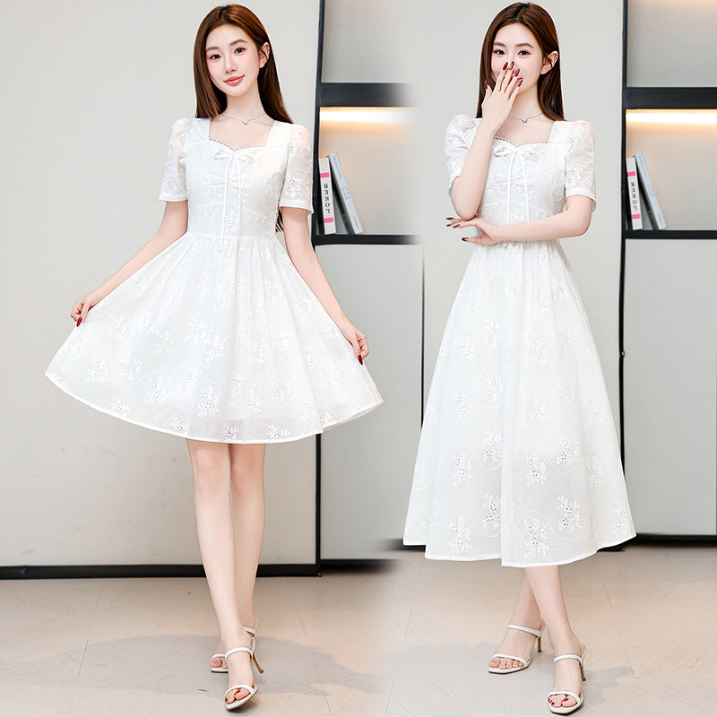 White Whisper Embroidered Lace Puff Sleeve Dress (Mini & Midi)