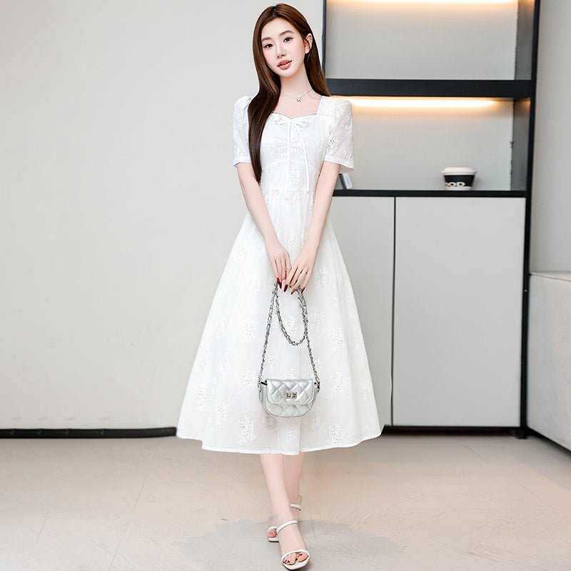 White Whisper Embroidered Lace Puff Sleeve Dress (Mini & Midi)