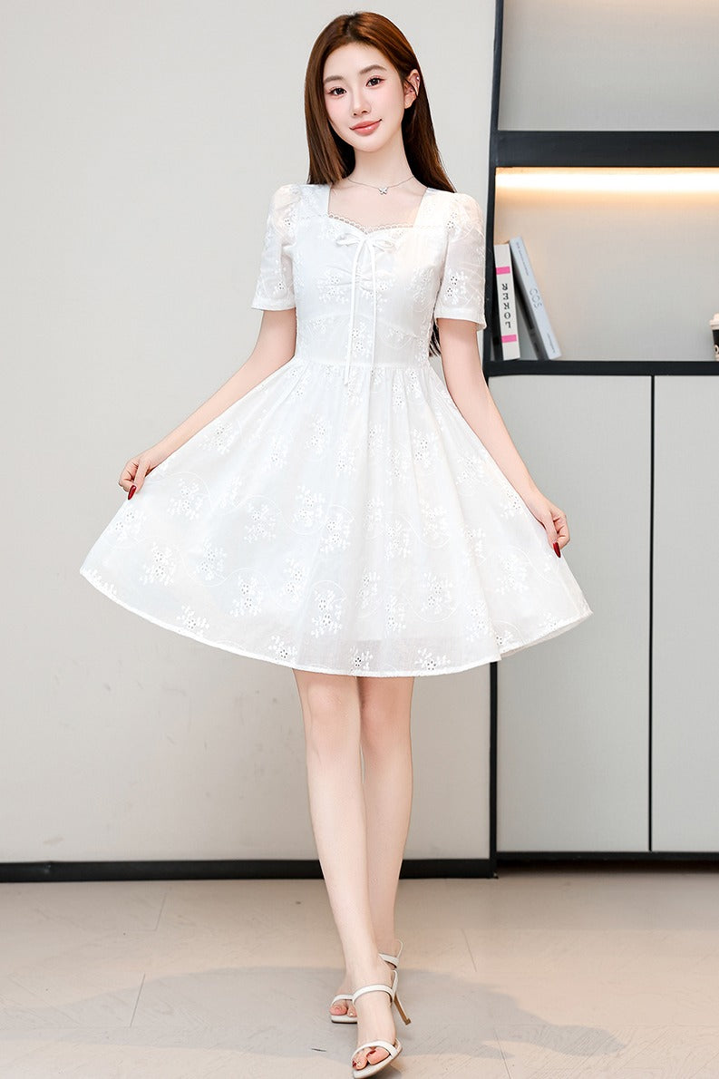 White Whisper Embroidered Lace Puff Sleeve Dress (Mini & Midi)