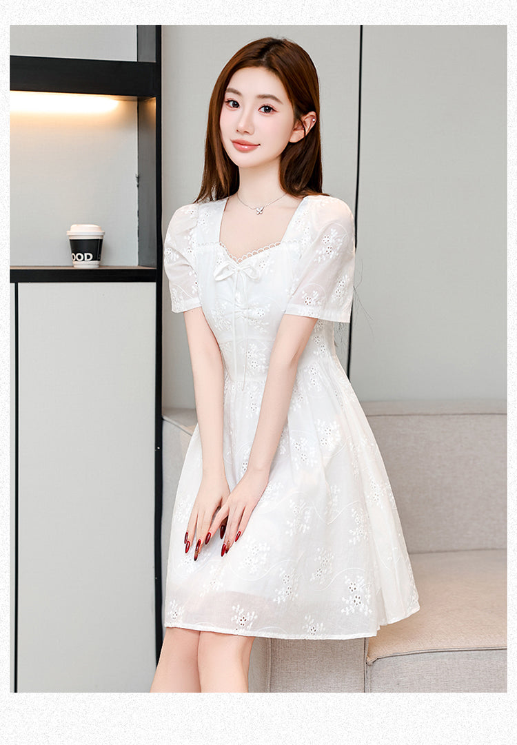 White Whisper Embroidered Lace Puff Sleeve Dress (Mini & Midi)