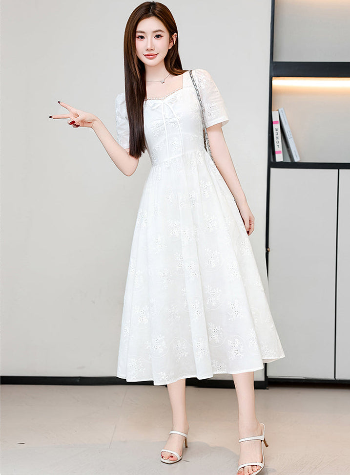 White Whisper Embroidered Lace Puff Sleeve Dress (Mini & Midi)