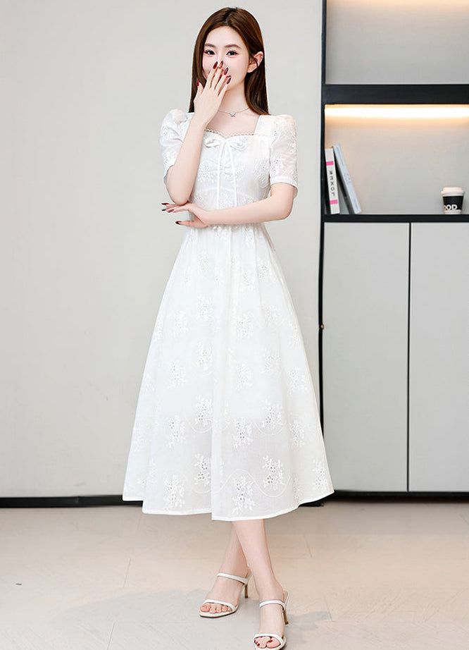 White Whisper Embroidered Lace Puff Sleeve Dress (Mini & Midi)