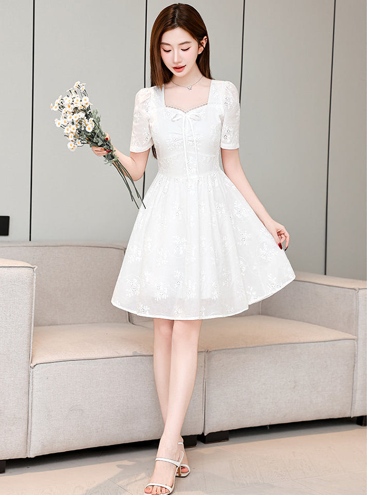 White Whisper Embroidered Lace Puff Sleeve Dress (Mini & Midi)