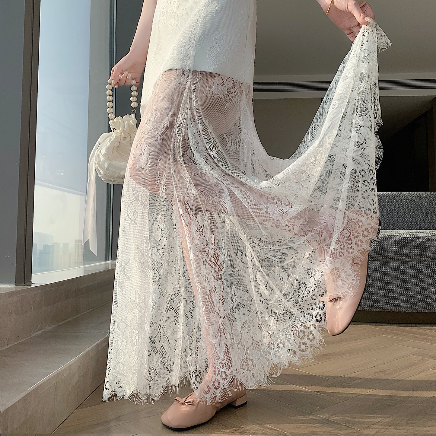 Sheer Floral Lace Maxi Skirt with Mini Lining | High-Waisted Overlay Skirt